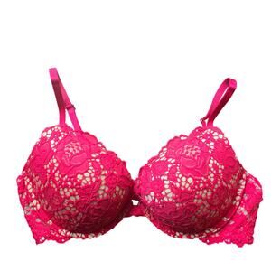 Victoria's Secret Very Sexy Push-Up Bra Nude Cup Red Floral Lace Overlay - 36B